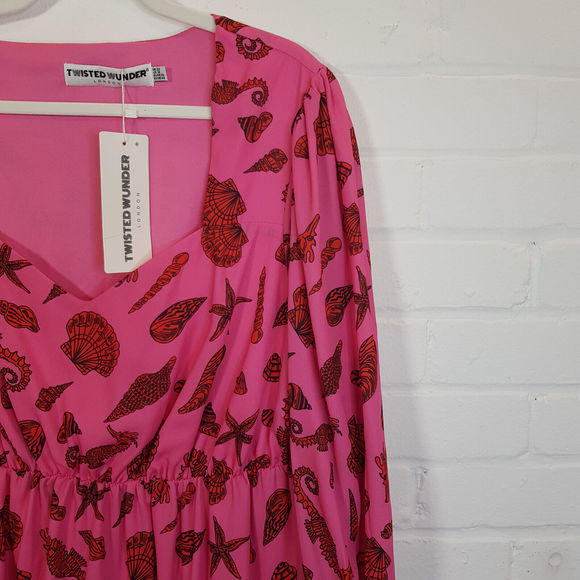 Twisted Wunder Pip Seashell Print Mini Dress UK 22 Pink Chiffon Funky Plus BNWT - Picture 3 of 13